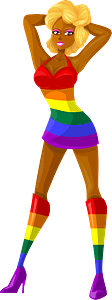Young Lady Blonde Hair, Dark Skin, Striped Rainbow Dress