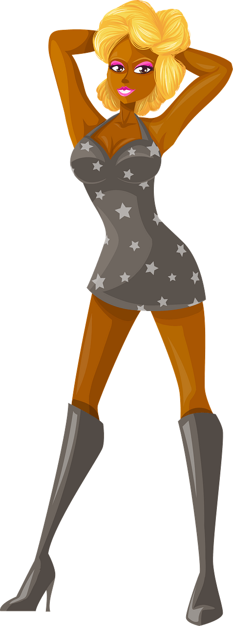 Young Lady Blonde Hair, Dark Skin, Gray Dress with Star Pattern