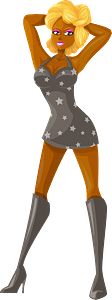Young Lady Blonde Hair, Dark Skin, Gray Dress with Star Pattern