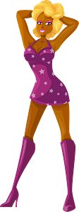 Young Lady Blonde Hair, Dark Skin, Purple Dress with Star Pattern
