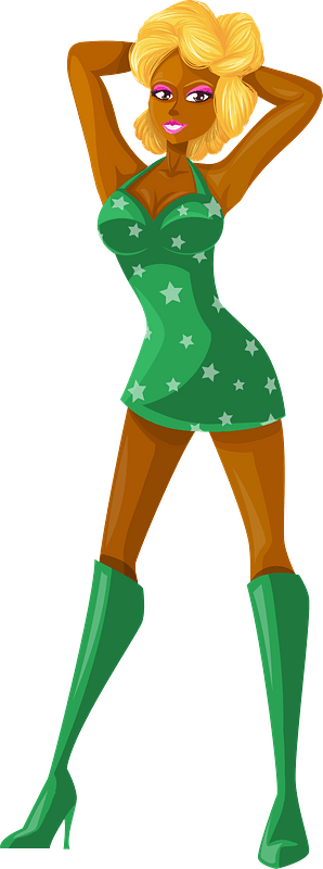 Young Lady Blonde Hair, Dark Skin, Green Dress with Star Pattern
