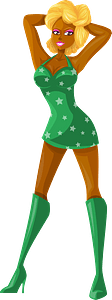 Young Lady Blonde Hair, Dark Skin, Green Dress with Star Pattern