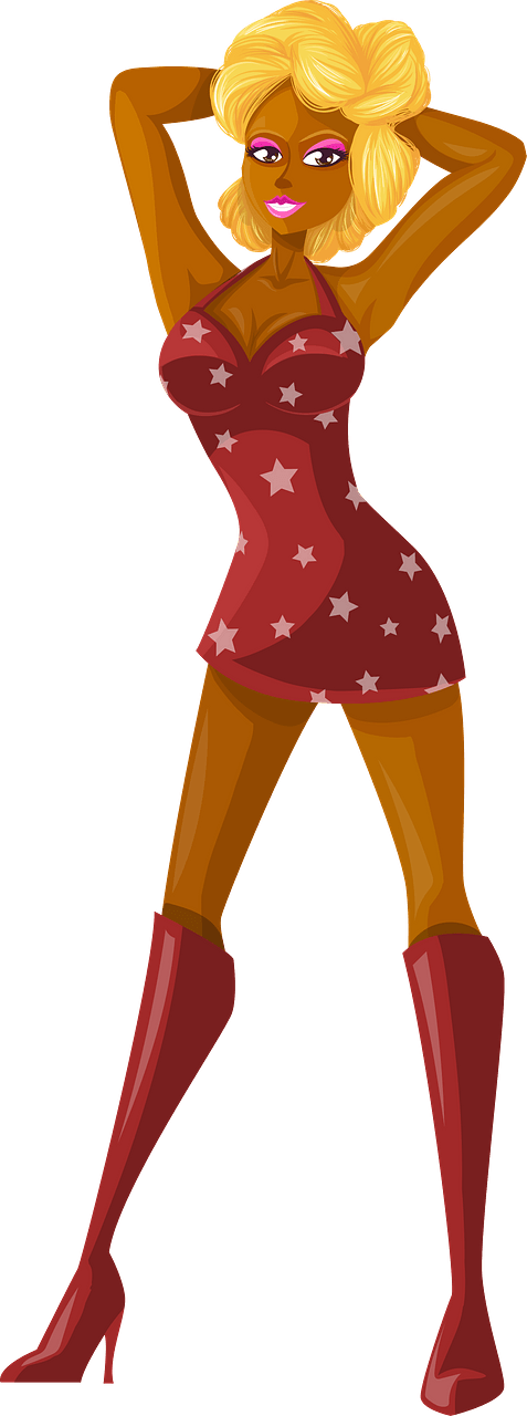 Young Lady Blonde Hair, Dark Skin, Red Dress with Star Pattern