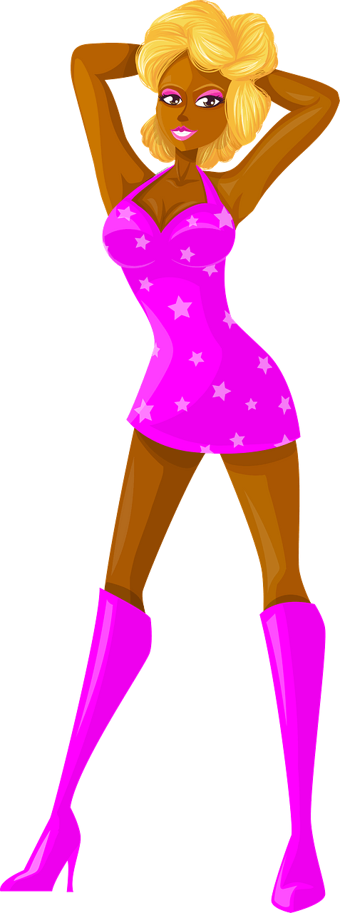 Young Lady Blonde Hair, Dark Skin, Pink Dress with Star Pattern