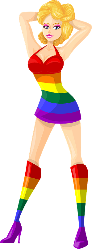Young Lady Blonde Hair, Light Skin, Striped Rainbow Dress
