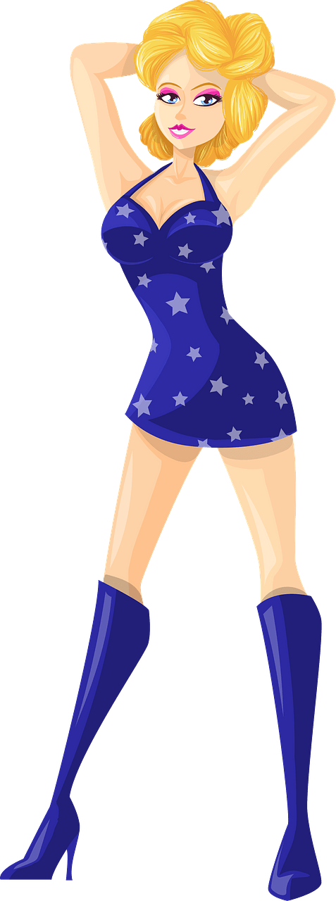 Young Lady Blonde Hair, Light Skin, Blue Dress with Star Pattern
