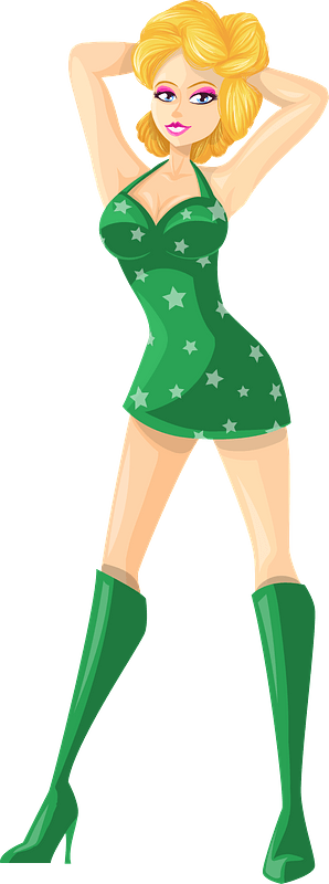 Young Lady Blonde Hair, Light Skin, Green Dress with Star Pattern