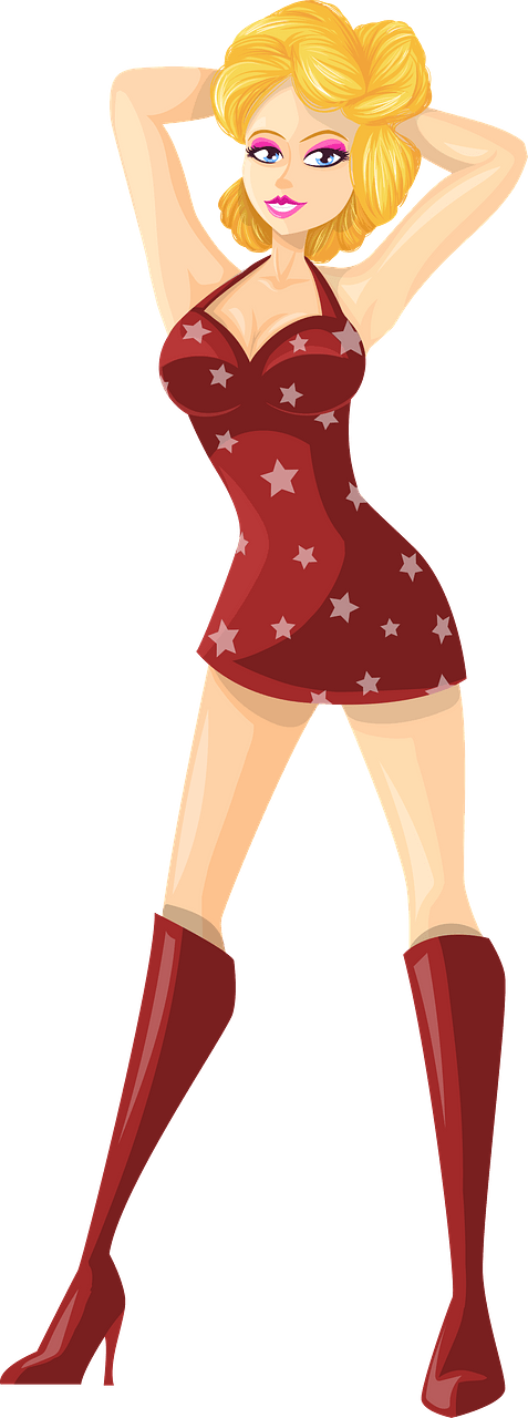 Young Lady Blonde Hair, Light Skin, Red Dress with Star Pattern