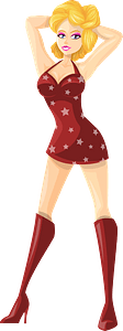 Young Lady Blonde Hair, Light Skin, Red Dress with Star Pattern