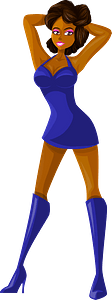 Young Lady Brown Hair, Dark Skin, Plain Blue Dress