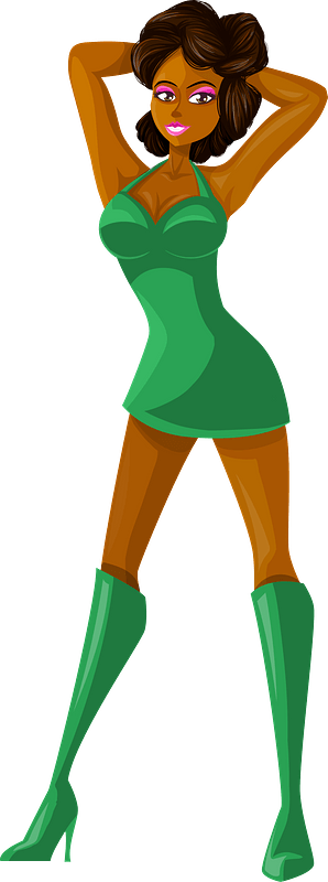Young Lady Brown Hair, Dark Skin, Plain Green Dress