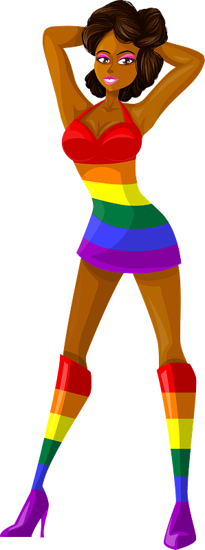 Young Lady Brown Hair, Dark Skin, Striped Rainbow Dress