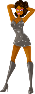 Young Lady Brown Hair, Dark Skin, Gray Dress with Star Pattern