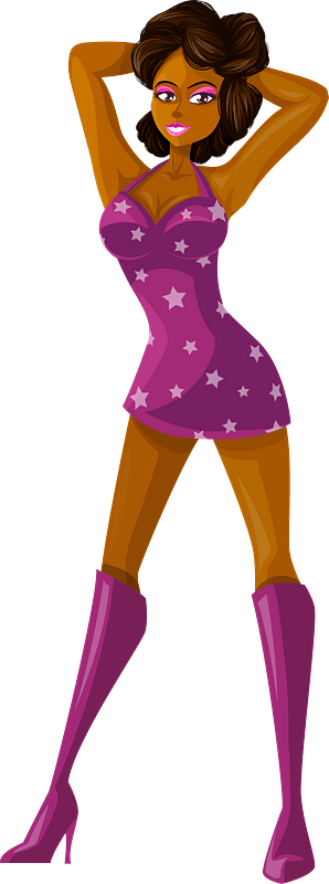 Young Lady Brown Hair, Dark Skin, Purple Dress with Star Pattern