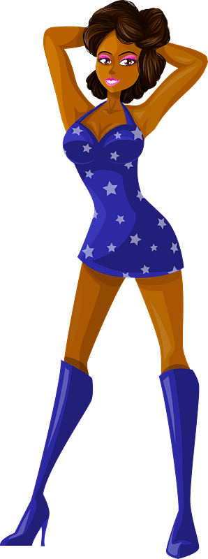 Young Lady Brown Hair, Dark Skin, Blue Dress with Star Pattern