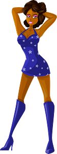 Young Lady Brown Hair, Dark Skin, Blue Dress with Star Pattern