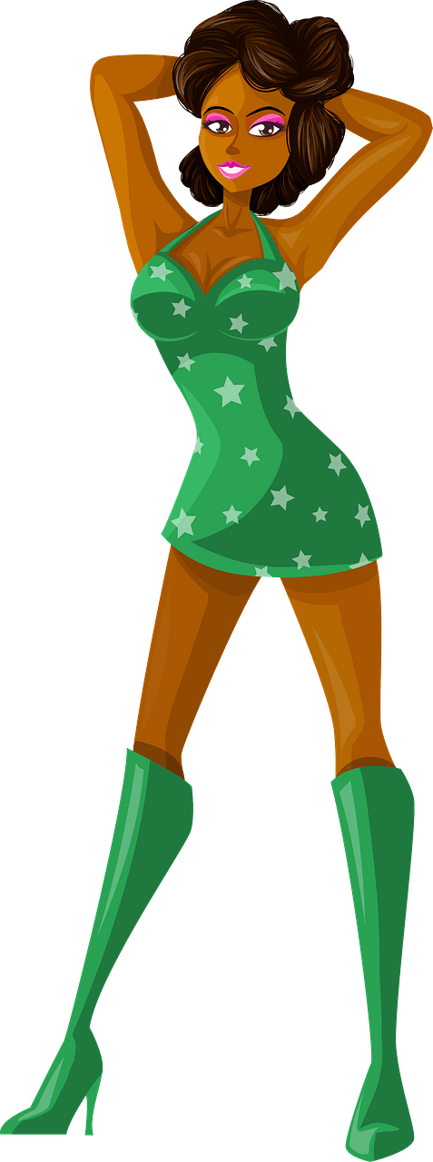 Young Lady Brown Hair, Dark Skin, Green Dress with Star Pattern