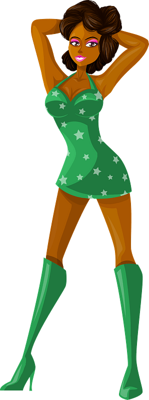 Young Lady Brown Hair, Dark Skin, Green Dress with Star Pattern