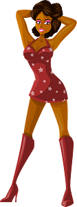 Young Lady Brown Hair, Dark Skin, Red Dress with Star Pattern