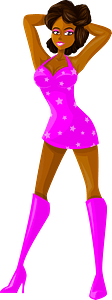 Young Lady Brown Hair, Dark Skin, Pink Dress with Star Pattern