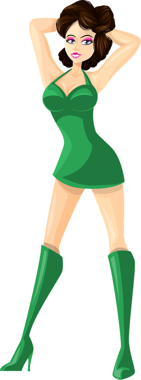 Young Lady Brown Hair, Light Skin, Plain Green Dress