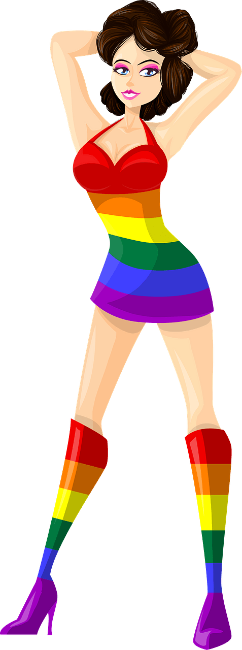 Young Lady Brown Hair, Light Skin, Striped Rainbow Dress