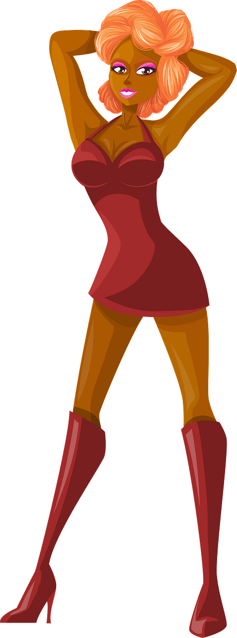 Young Lady Redhead, Dark Skin, Plain Red Dress