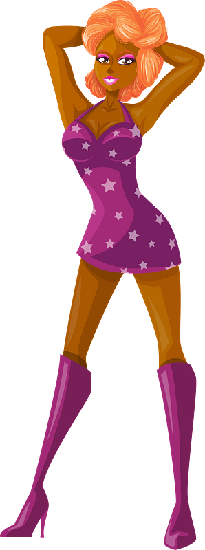 Young Lady Redhead, Dark Skin, Purple Dress with Star Pattern