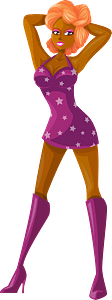 Young Lady Redhead, Dark Skin, Purple Dress with Star Pattern