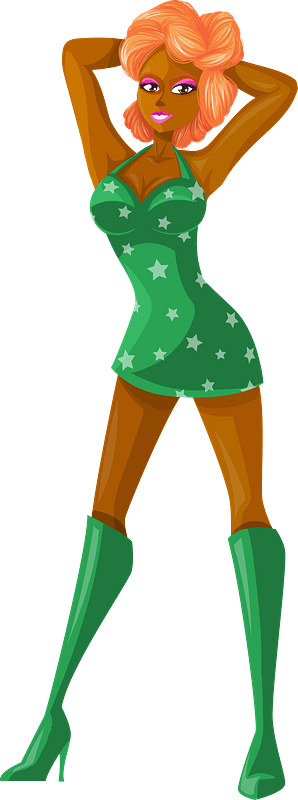 Young Lady Redhead, Dark Skin, Green Dress with Star Pattern
