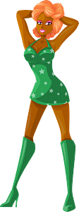 Young Lady Redhead, Dark Skin, Green Dress with Star Pattern