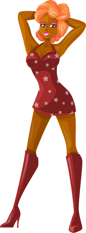 Young Lady Redhead, Dark Skin, Red Dress with Star Pattern