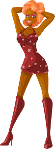 Young Lady Redhead, Dark Skin, Red Dress with Star Pattern