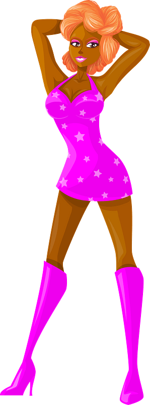 Young Lady Redhead, Dark Skin, Pink Dress with Star Pattern