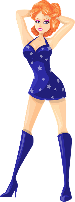 Young Lady Redhead, Light Skin, Blue Dress with Star Pattern
