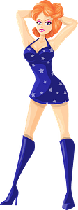 Young Lady Redhead, Light Skin, Blue Dress with Star Pattern
