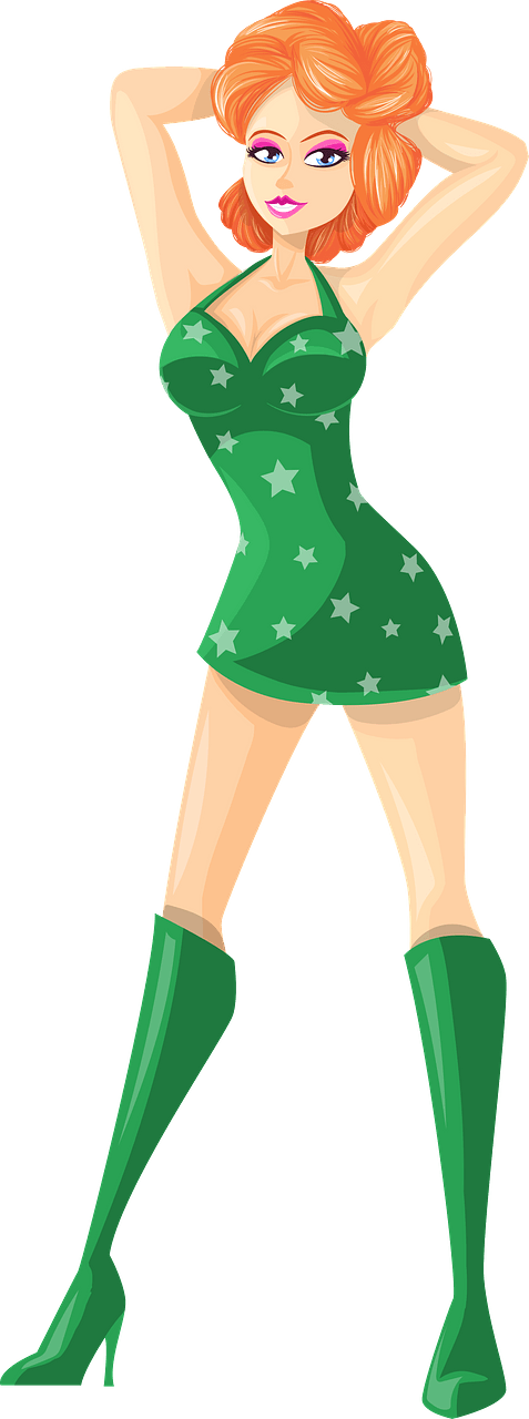 Young Lady Redhead, Light Skin, Green Dress with Star Pattern