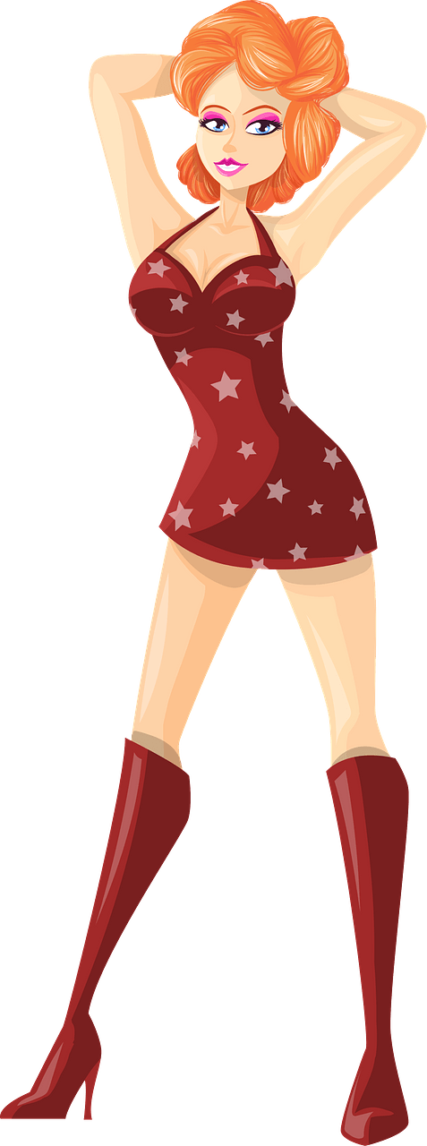 Young Lady Redhead, Light Skin, Red Dress with Star Pattern