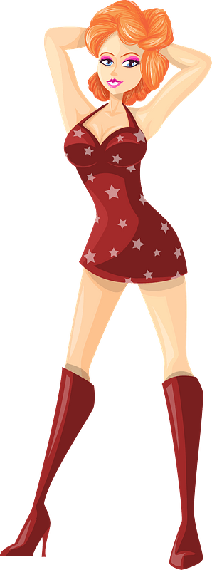 Young Lady Redhead, Light Skin, Red Dress with Star Pattern