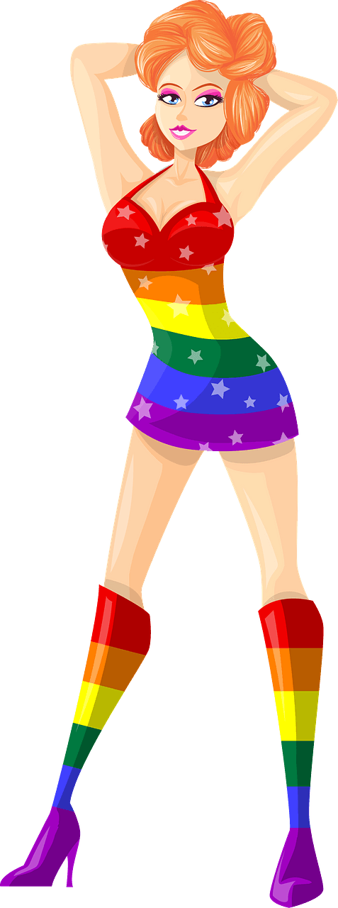 Young Lady Redhead, Light Skin, Rainbow Dress with Star Pattern