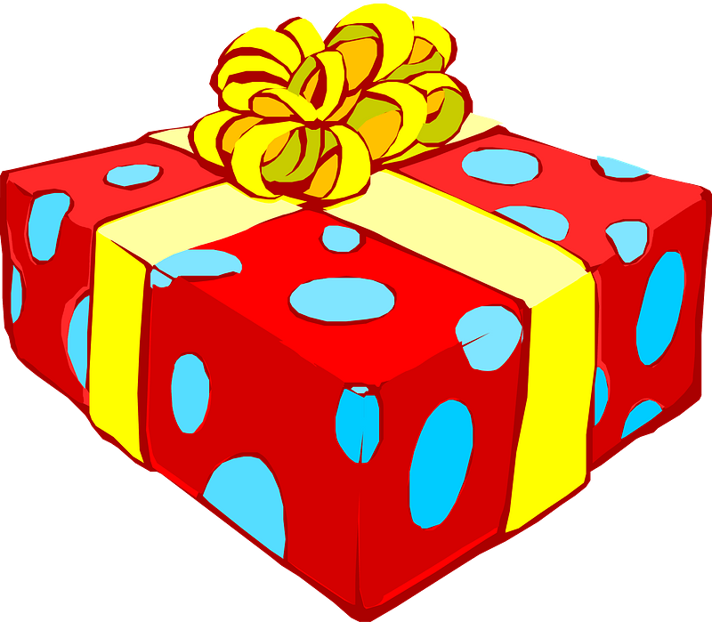 Gift with Red and Blue Polka Dot Wrapping Paper and Yellow Ribbon