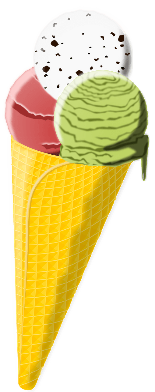 Three flavors of ice cream in a sugar cone