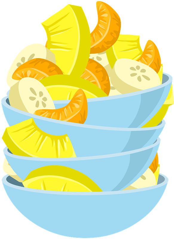 Exotic Fruit Salad in Blue Bowls Stacked Up