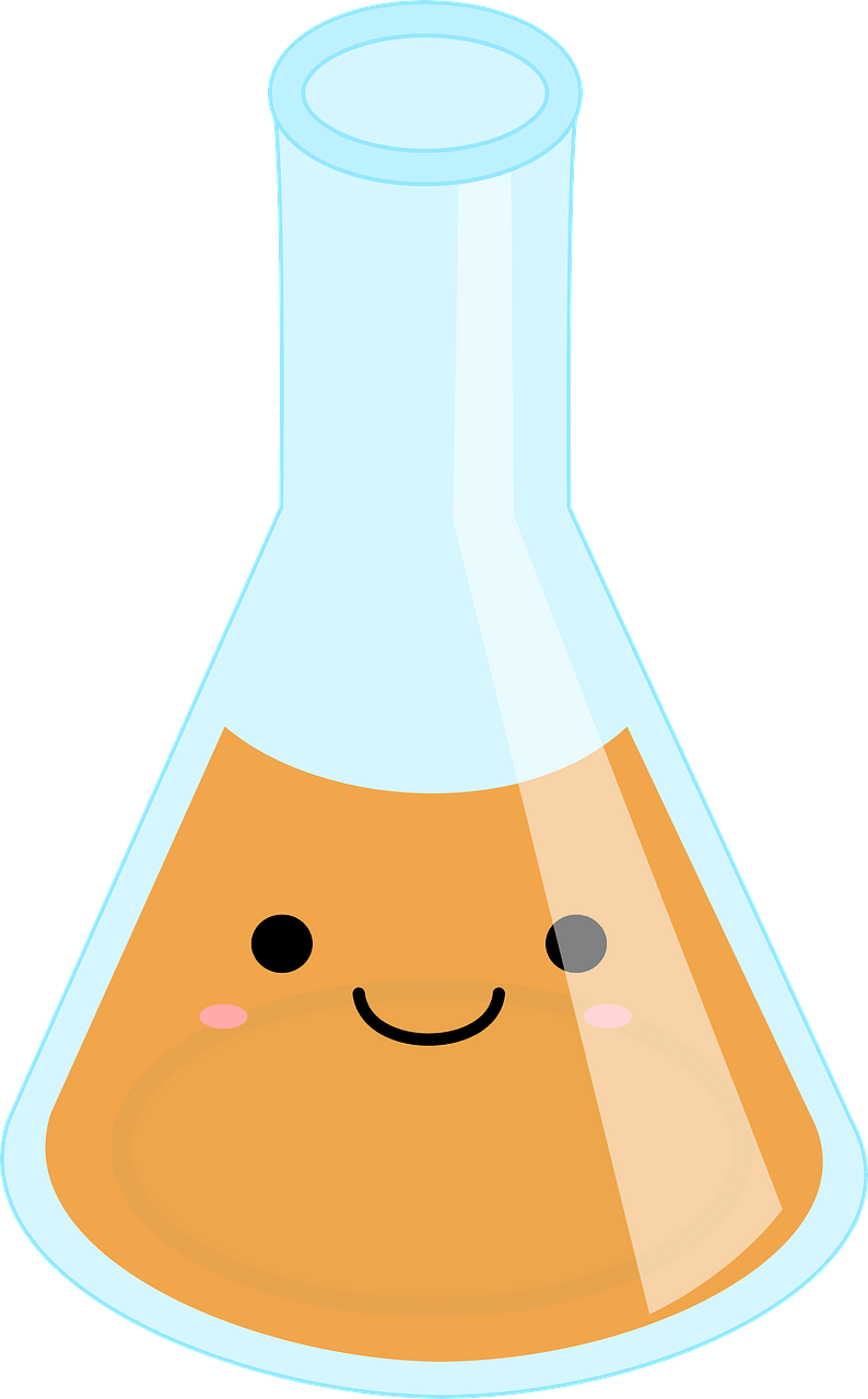Erlenmeyer Flask Filled with Orange Liquid, Face in the Glass