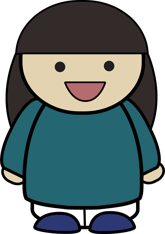 Black haired girl in a teal shirt, happy face, front