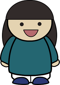 Black haired girl in a teal shirt, happy face, front