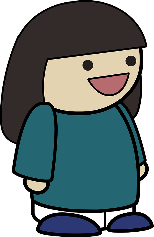 Black haired girl in a teal shirt, happy face, to the side
