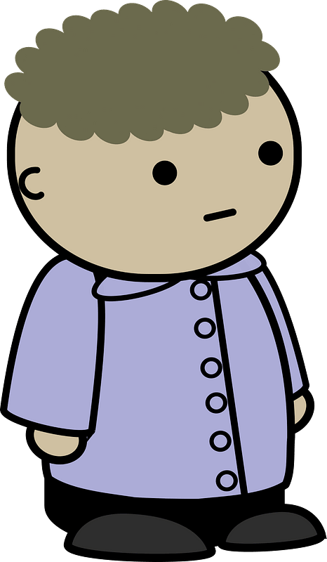 Curly haired boy in a blue buttondown, no expression, to the side