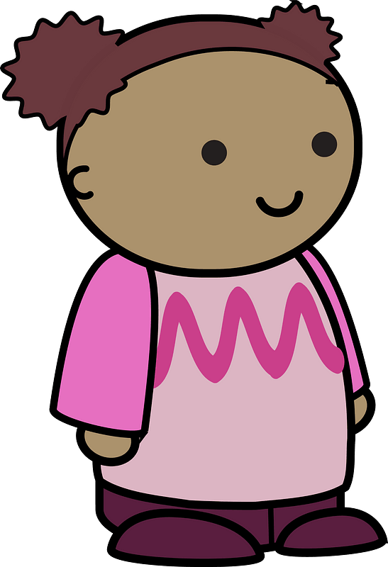 Curly haired girl in a pink shirt, happy face, to the side