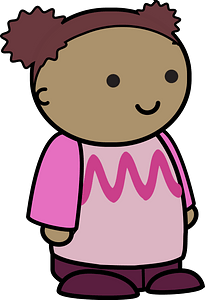 Curly haired girl in a pink shirt, happy face, to the side